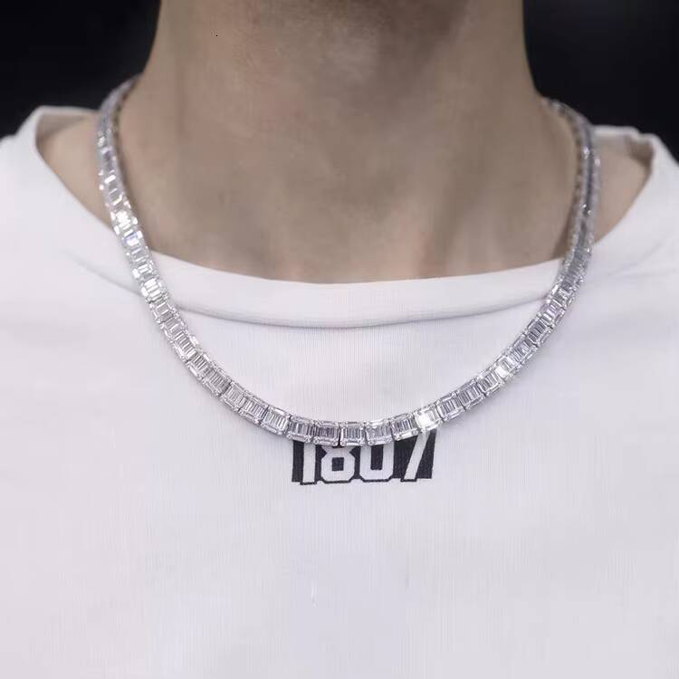 Luxury Baguette Diamond Necklace Iced Out VVS Moissanite Diamond 10mm Cuban Chain White Gold Plated Sterling Silver Men Jewelry