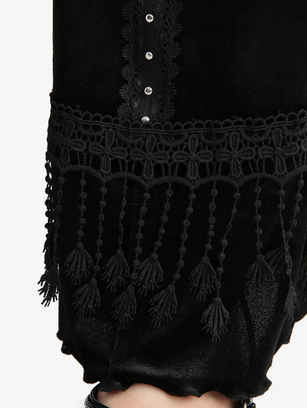 ROSEGAL Plus Size Gothic Rose Flower Mesh Applique Rivet Lace Trim Tassel Velvet Flare Pants 251017