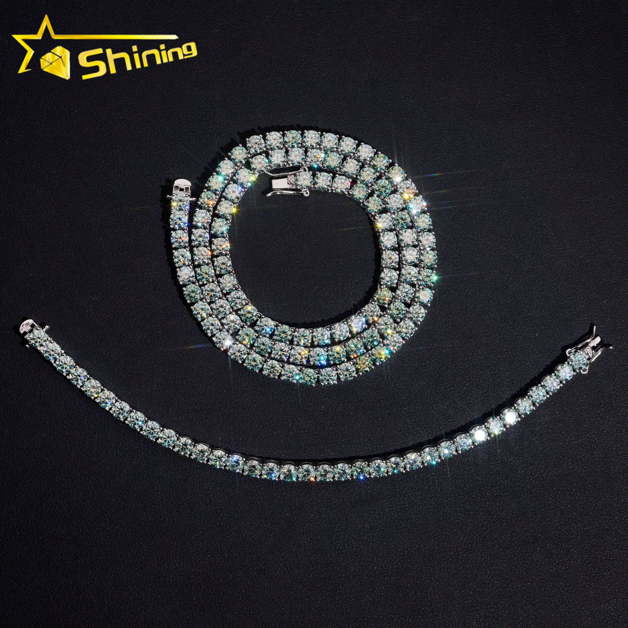 Wholesale Price Bluegreen Moissanite Tennis Chain 925 Sterling Silver Gold Plated Pass Diamond Test Colors Moissanite Necklace