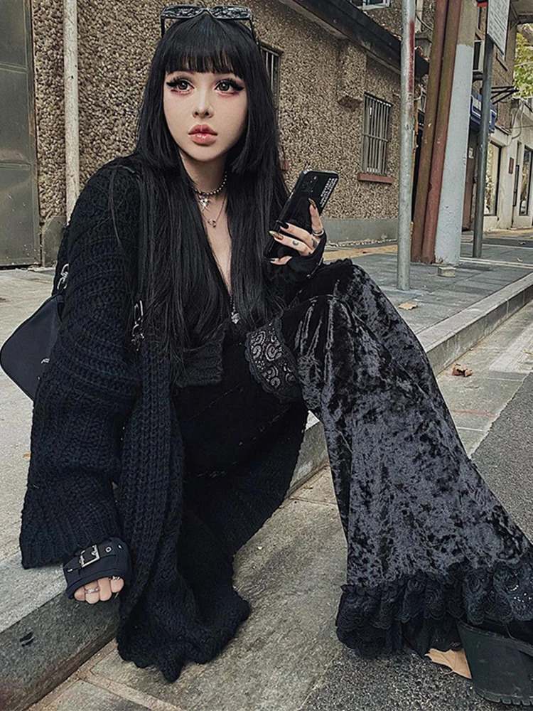 AltGoth Harajuku Punk Gothic Flare Pants Women Grunge Street Vintage Mall Goth Lace Patchwork Hollow Out Dark Black Velvet 251017