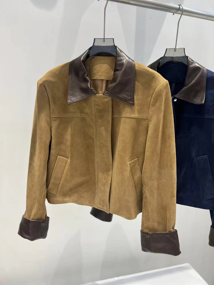 European Imported Suede Jacket Women Autumn Winter ed Contrasting Leather Coat Navy Blue Short Locomotive Casacos 251020