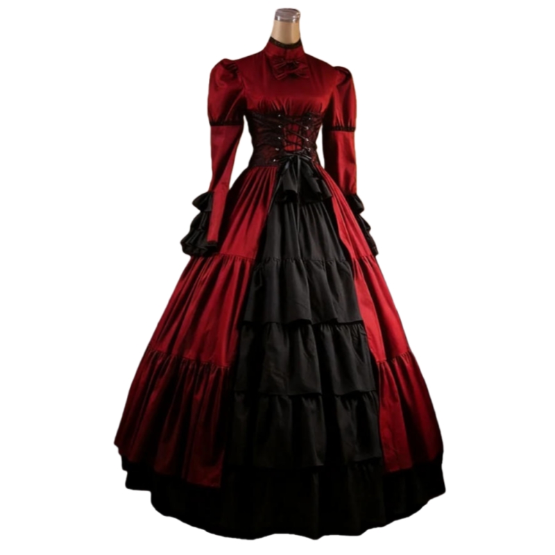 Gothic Victorian Prom Dresses High Collar Long Sleeves Dark Red And Black Vintage Evening Gowns Ruffles Tiered Corset Special Occasion Wear Masquerade