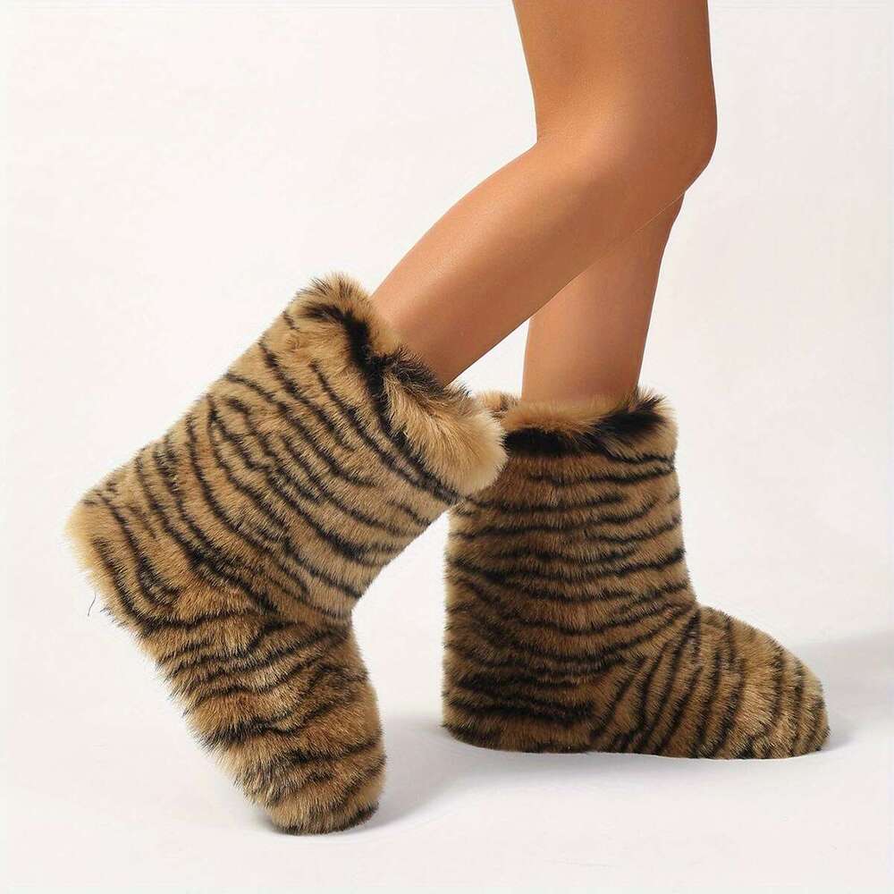 Women's Mid-Calf Faux Fur Y2k Fashion Winter Warm Snow Boots, Leopard Print Flat Heel, Round Toe Slip-On Cozy Booties With Soft TPR Sole