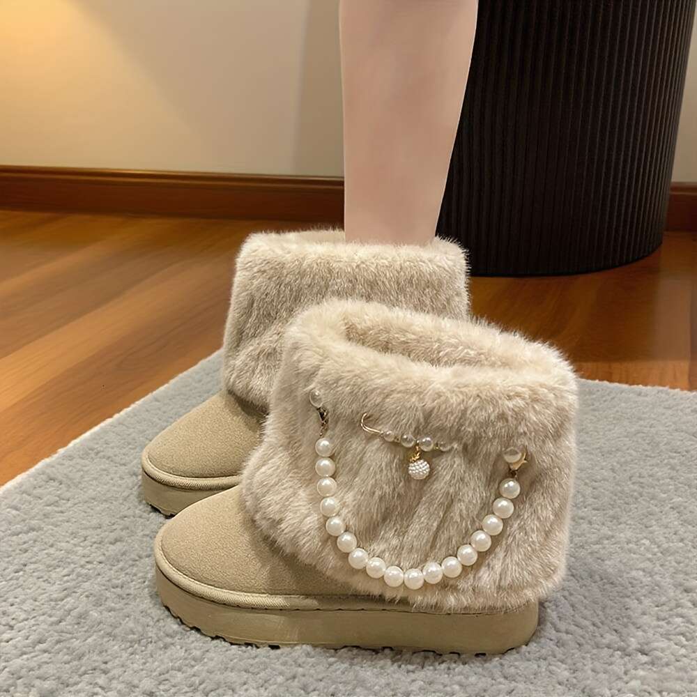 Women's Slip-Resistant Snow Fur-Like Faux Fur Trim Round Toe Moccasin-Style Ankle Buckle Strap Button Detailing, Soft Fabric Arch, Multi-Color Op