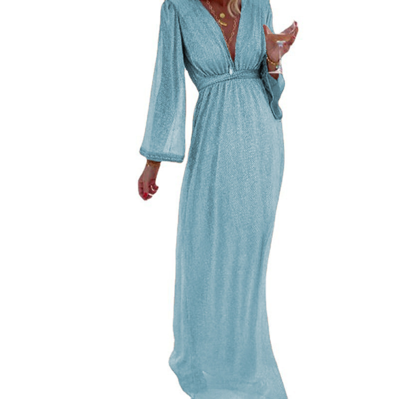 European and American designers fashion hot foreign trade women's clothing spot fashion apricot V-neck long sleeved sequined dress