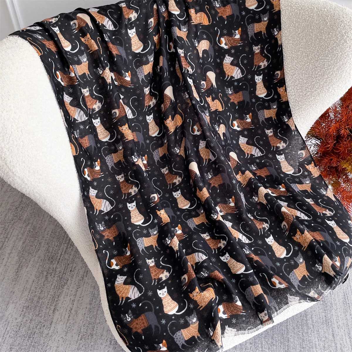 88180cm Cute Cat Print Women Viscose Scarf Cotton Linen Feeling Ventilate Luxury Soft Girl Shawl Tassel Muslim Hijab J251118