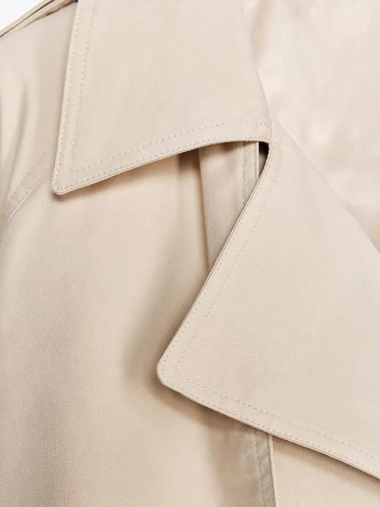 Autumn Womens Cropped Trench Coat Lace Up Apricot Lapel Full Sleeves Loose Thick Jackets Fashion Lady High Street Outwears 251021