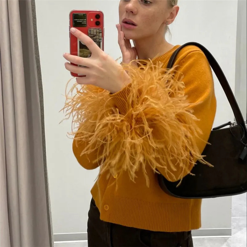 hirigin Fashion O Neck Sweater Tops Fur Feather Patchwork Long Sleeve Knitted Cardigan Spring Fall Slim Knitwear Top Streetwear 251016