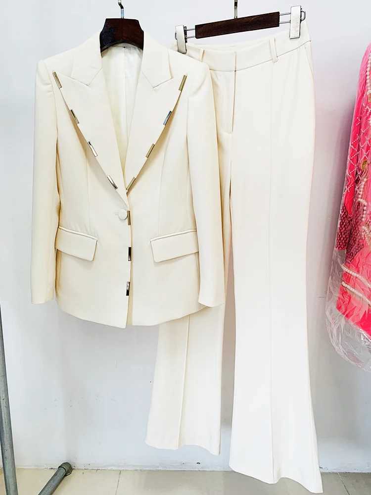 HIGH STREET Newest 2024 Designer Runway Suit Set Womens Single Button Metal Block Blazer Flare Pants SetT251022