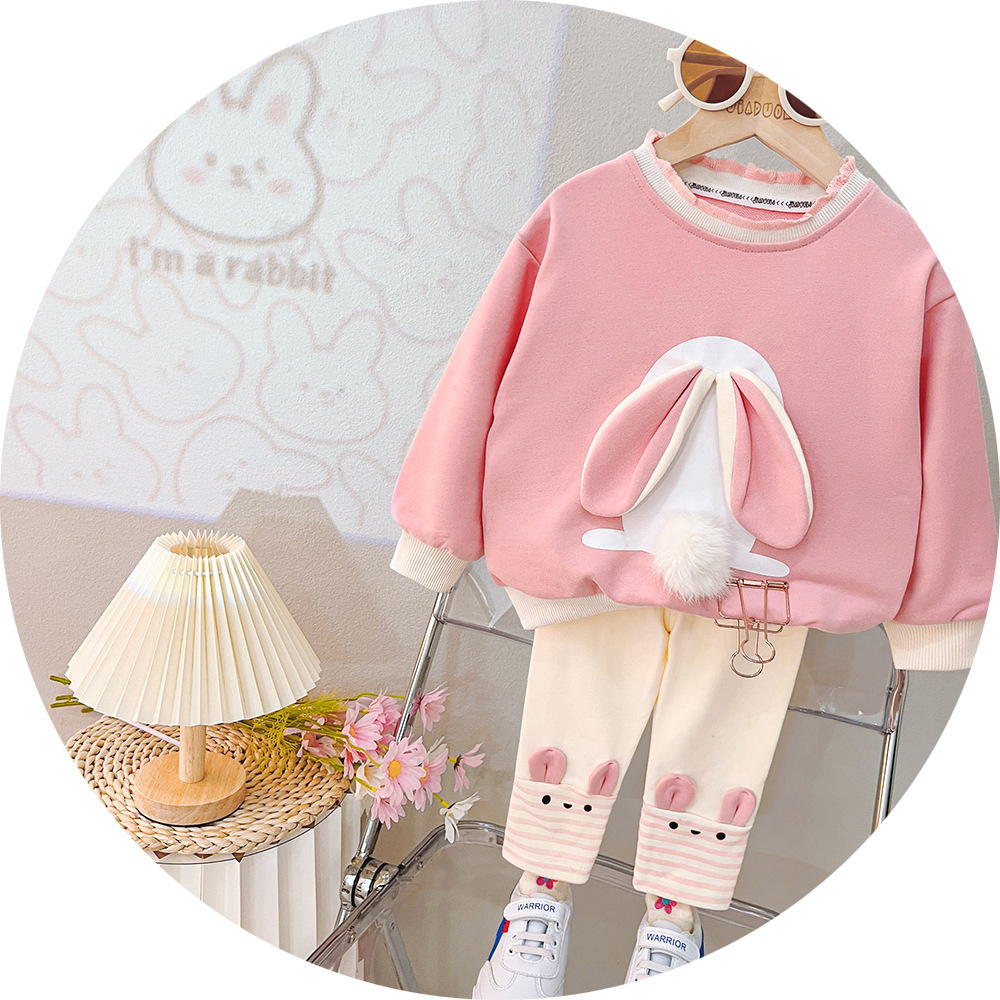 luxury kids clothing White Rabbit Hoodie Set for Girls, 2025 New Spring Autumn Outfit, Korean Style Cute 2-Piece Tracksuit for Toddler