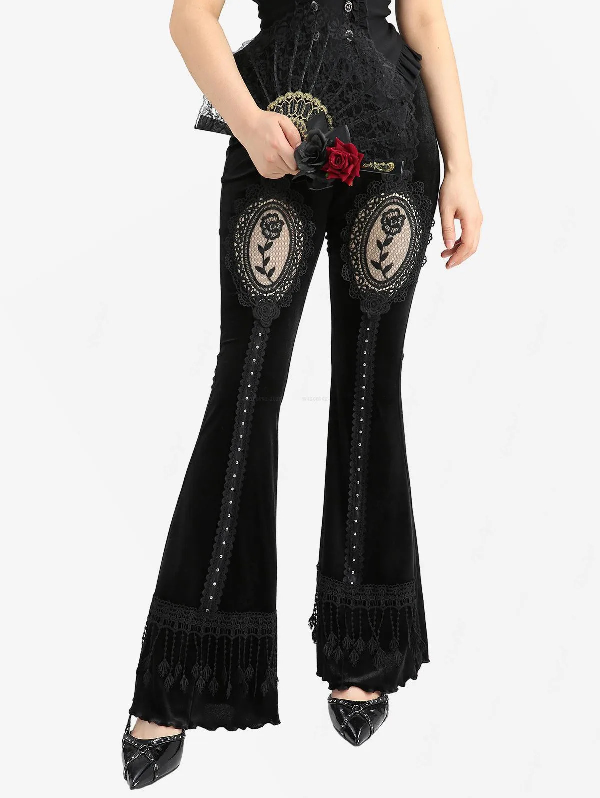 ROSEGAL Plus Size Gothic Rose Flower Mesh Applique Rivet Lace Trim Tassel Velvet Flare Pants 251017
