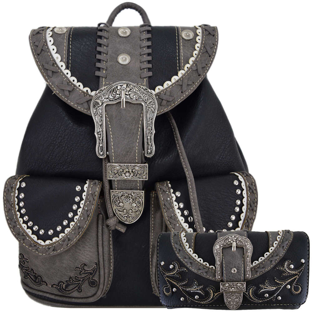 Western Style Tooled Buckle Studded Floral Women Country Backpack Bags Rucksack Daypack Biker Purse Matching Wallet Set