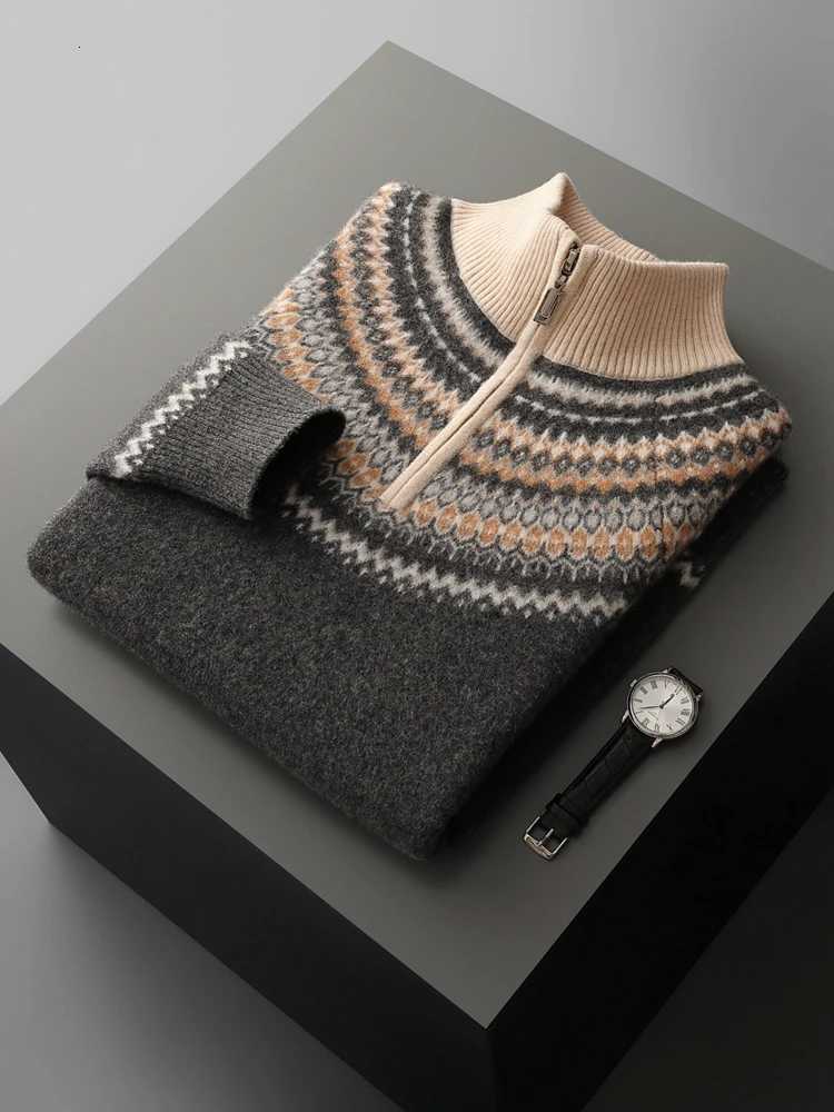 American Retro Mens Sweater Autumn Winter Clothing 100 Merino Wool Sweater Knitted Inside Join Pullover Half Zip Trend ThickedXJ251022