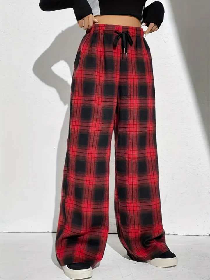 Plaid Print Wide Leg Pants Casual Drawstring Loose Pants For Spring Summer Womens ClothingT251022