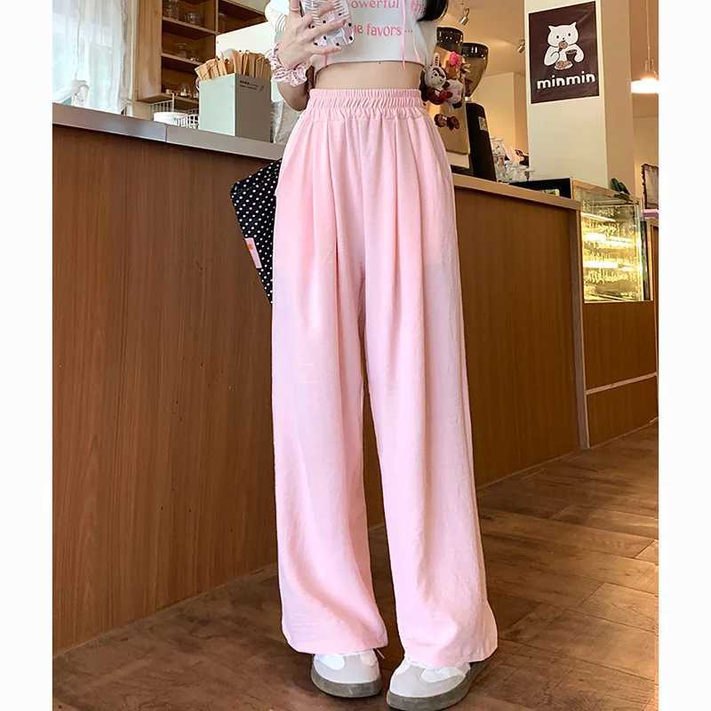 Summer Women Sweet Colorful Ice Silk Pants Lady Baggy Versatile Elastic Straight Leg Trousers Female Wide Leg High Waisted PantsT251022