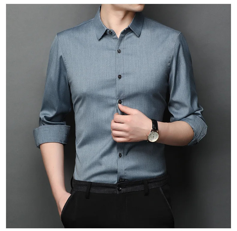 Solid Color Spring and Autumn Longsleeved Men Shirt Mens Business Casual Lapel Shirt Soft Top Thin Clothing Men 251020