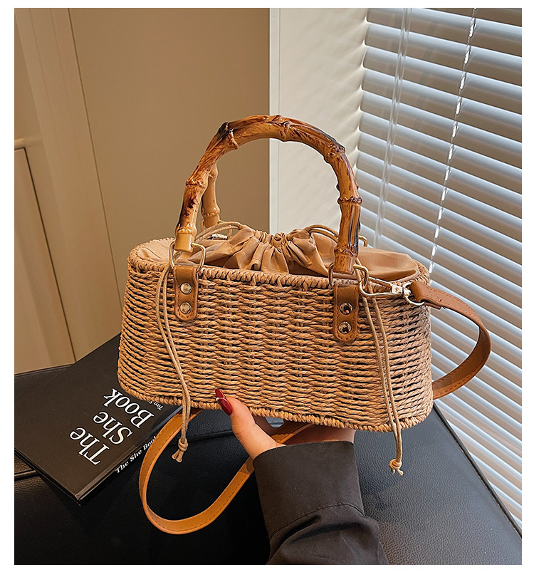 2025 New Women's Straw Bag Retro Bamboo Handle Woven Handbag Multifunctional Shoulder Crossbody Bag Vacation Beach Bag