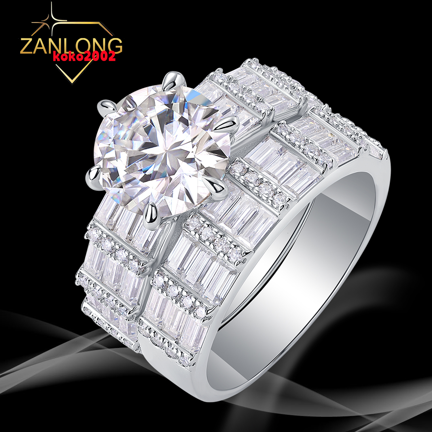 Zanlong 14883 Eternity Band 3ct Main Stone New Design 925 Sterling Silver 18K Gold Plated Moissanite Ring Set