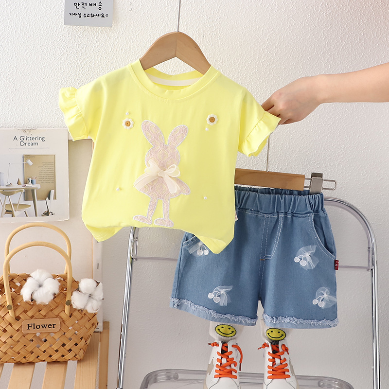 Free Shipping Rabbit Embroidery Baby Girl Outfit, Cute 2-Piece Short Sleeve Set, Lightweight Summer Clothes for 12-36 Months Toddler