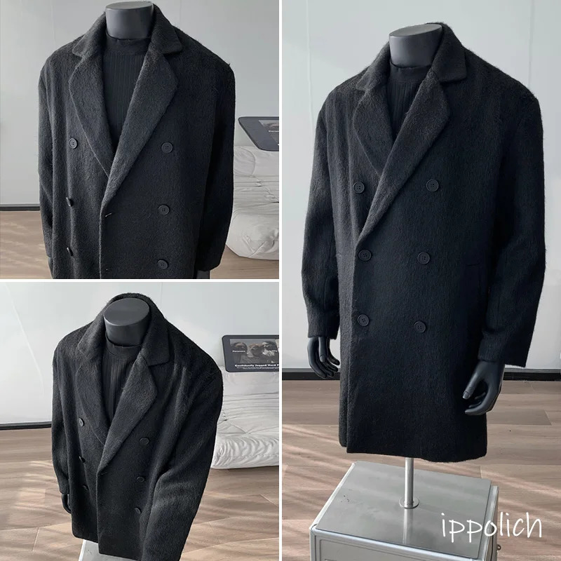 Autumn Winter Fleece Coat Midlength Gray Oversized Thickened Warm Cashmere Blends Men Doublebreasted Trend 251015