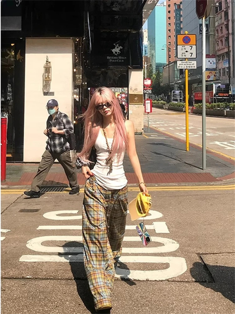 American Style Dopaamine Checkered Wide Leg Pants Women Summer Vintage Loose Casual Drapey Long Trousers Fashionable Loose Fit 251016