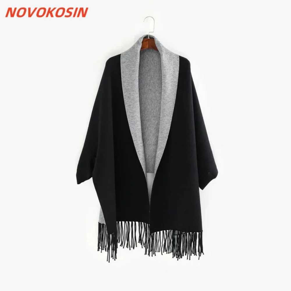 Black Grey Plus Size Out Wear Winter Knitted Poncho Women Solid Design Cloak Female Long Batwing Sleeves Coat Vintage Shawl J251118