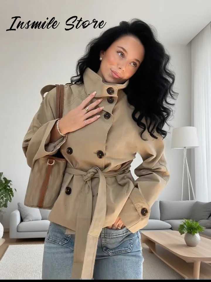 Fashion Belt Short Trench Coat Women Stand Collar Double Breasted Pocket Long Sleeve Coats 2025 Autumn Lady Commute Chic Outwear Y251105