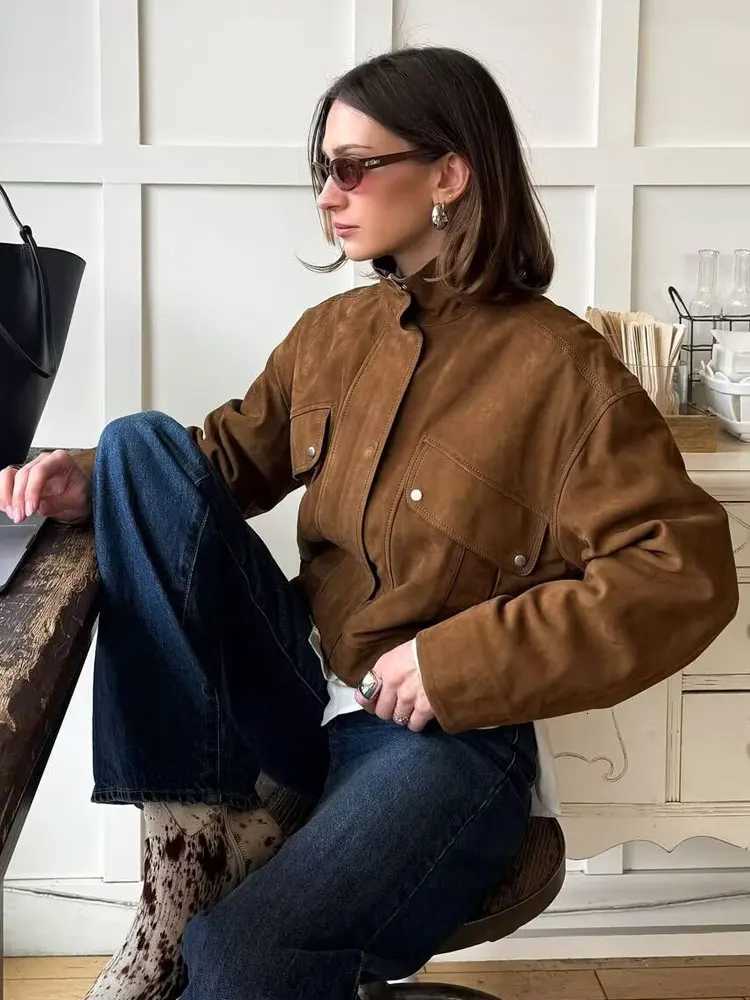 HH 2025 Street Fashion Suede Coat Long Sleeve Zipper Solid Turtleneck With Pockets Bomber Jacket Female Autumn Casual Outwears1 Y251105