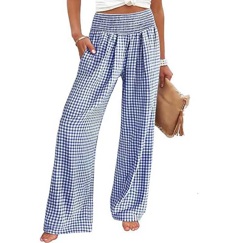 Elegant Retro Solid Baggy Pants Women Loose Elastic High Waist Pocket Plaid Printed Wide Leg Pants For Women Casual TrousersT251022