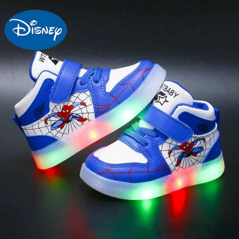 Disney Childrens Led Light Shoes Fashion Design Spiderman Boys Sneakers Girls Cartoon Casual Shoes Breathable Kids Sport Shoes H251022