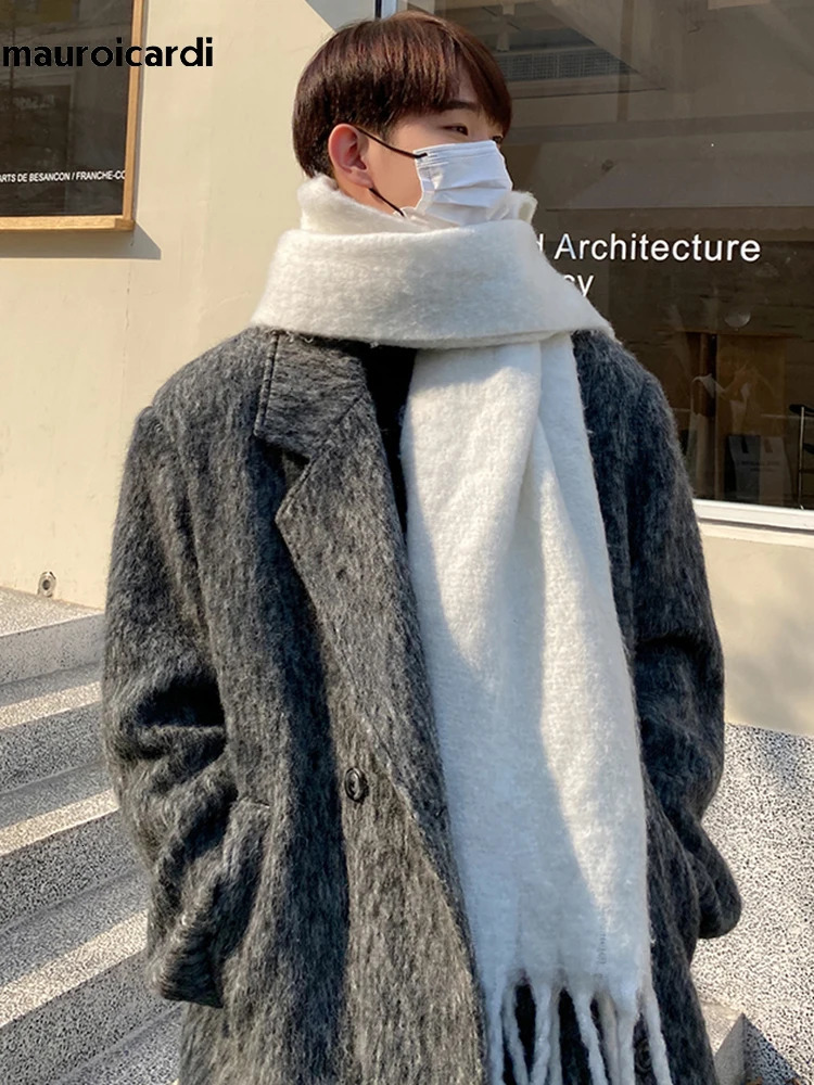 Mauroicardi Autumn Winter Long Gray Oversized Thickened Warm Soft Wool Blends Coat Men Double Breasted Korean Fashion 251016