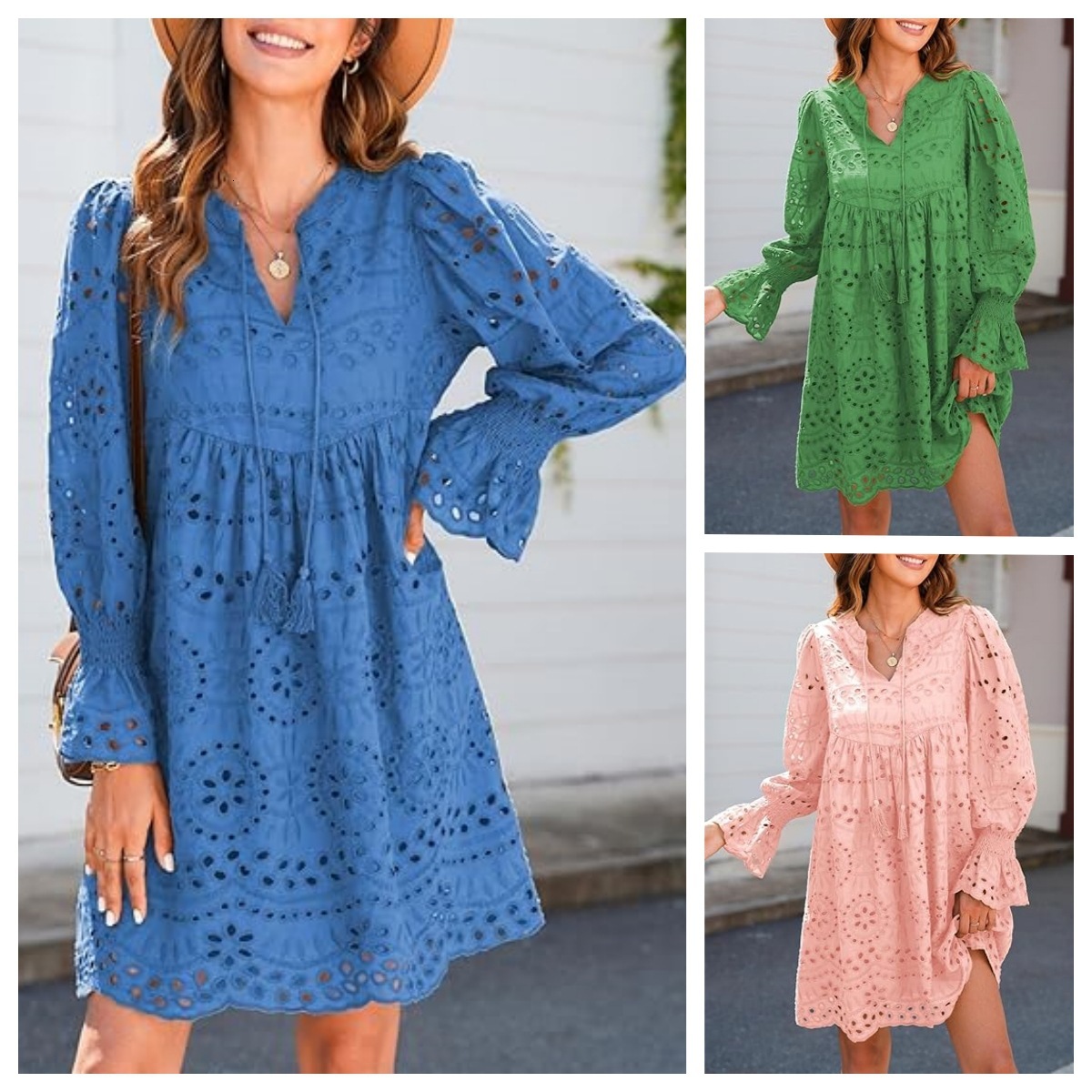 Women's designer fashionable tassel casual dress V-neck long sleeved A-line hollow lace pleated party dress