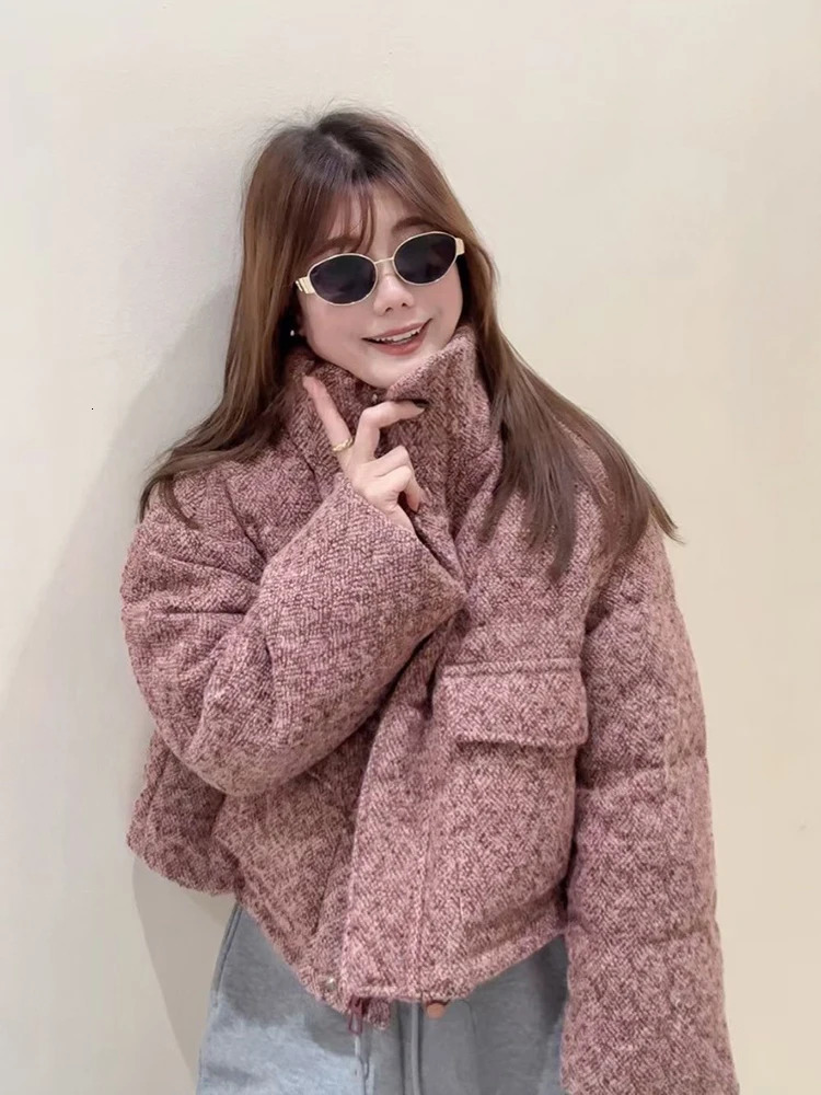 Winter Chic Stand Collar Short Parker Down Jacket Female Big Pocket Zipper Thick Outwears Women White Duck Warm Puff 251017