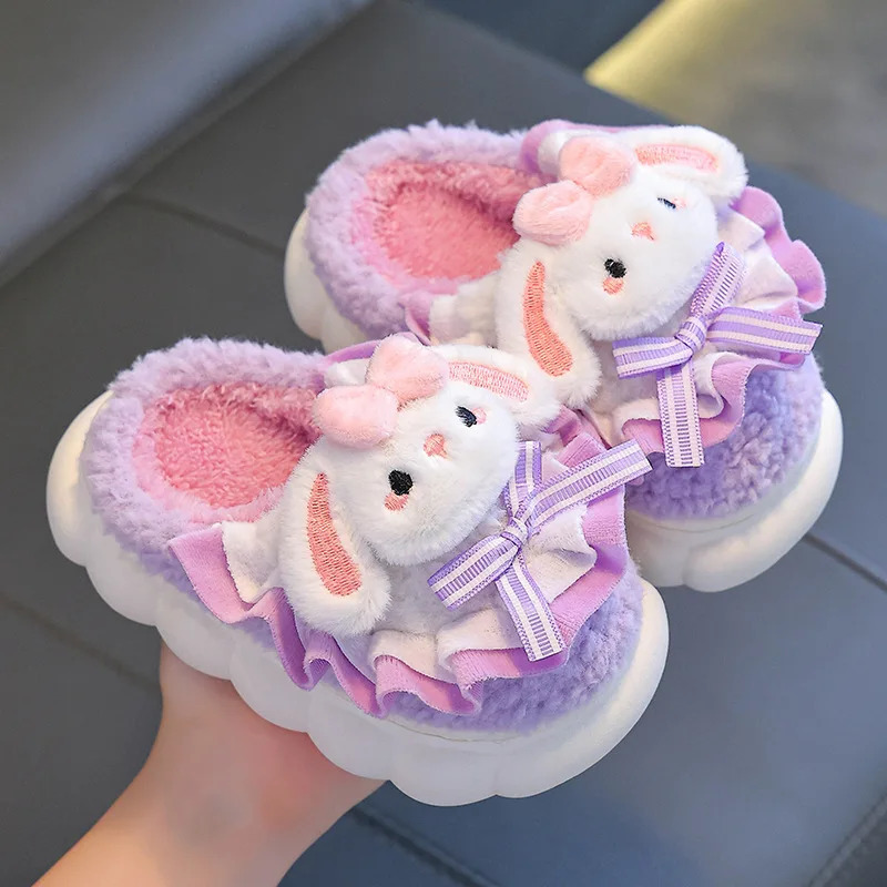 Winter Childrens Cotton Slippers Cute and Warm Fleece Rabbit Fur Babys Home for Girls 251022