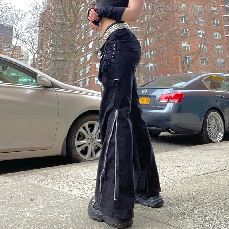 Women Pants Hip Hop High Waist Bandage Streetwear Rivet Trousers Goth Dark Gothic Grunge Black Harajuku Punk Wide Leg 251017