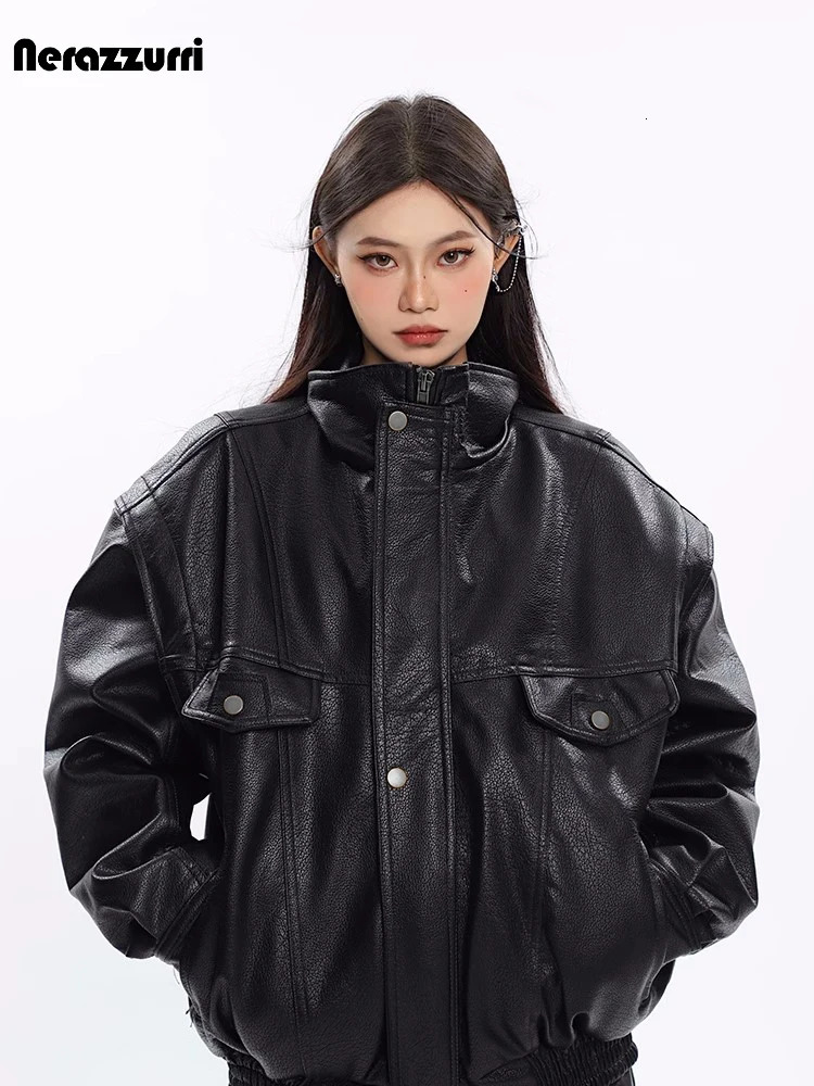 Nerazzurri Spring Autumn Oversized Cool Windproof Thick Black Pu Leather Jacket Women Zip Up y ner Unisex Clothes 251017