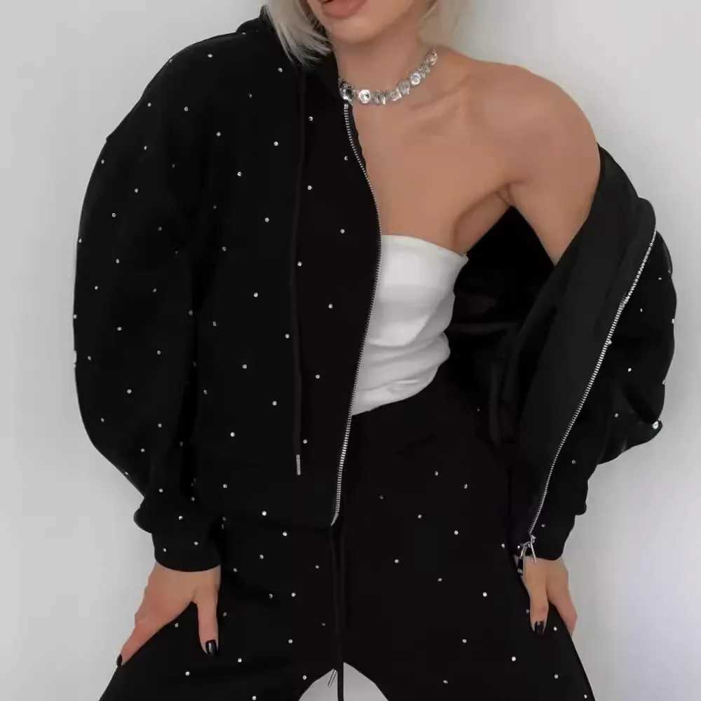 Black Sport Suits for Women Zipper Hoodie And Pants Set Polka Dot 2 Piece Sets Sportswear Casual Outfit Tracksuit for WomenT251022