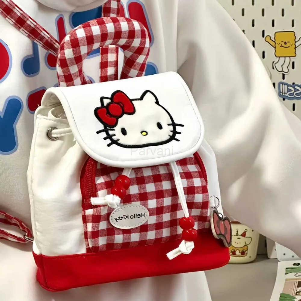 Sanrio Kawaii HelloKitty Girl Commuter Backpack Portable Drawstring Lid Red Checked Kt Cat College Style School Bag Textured Travel Bag L251022