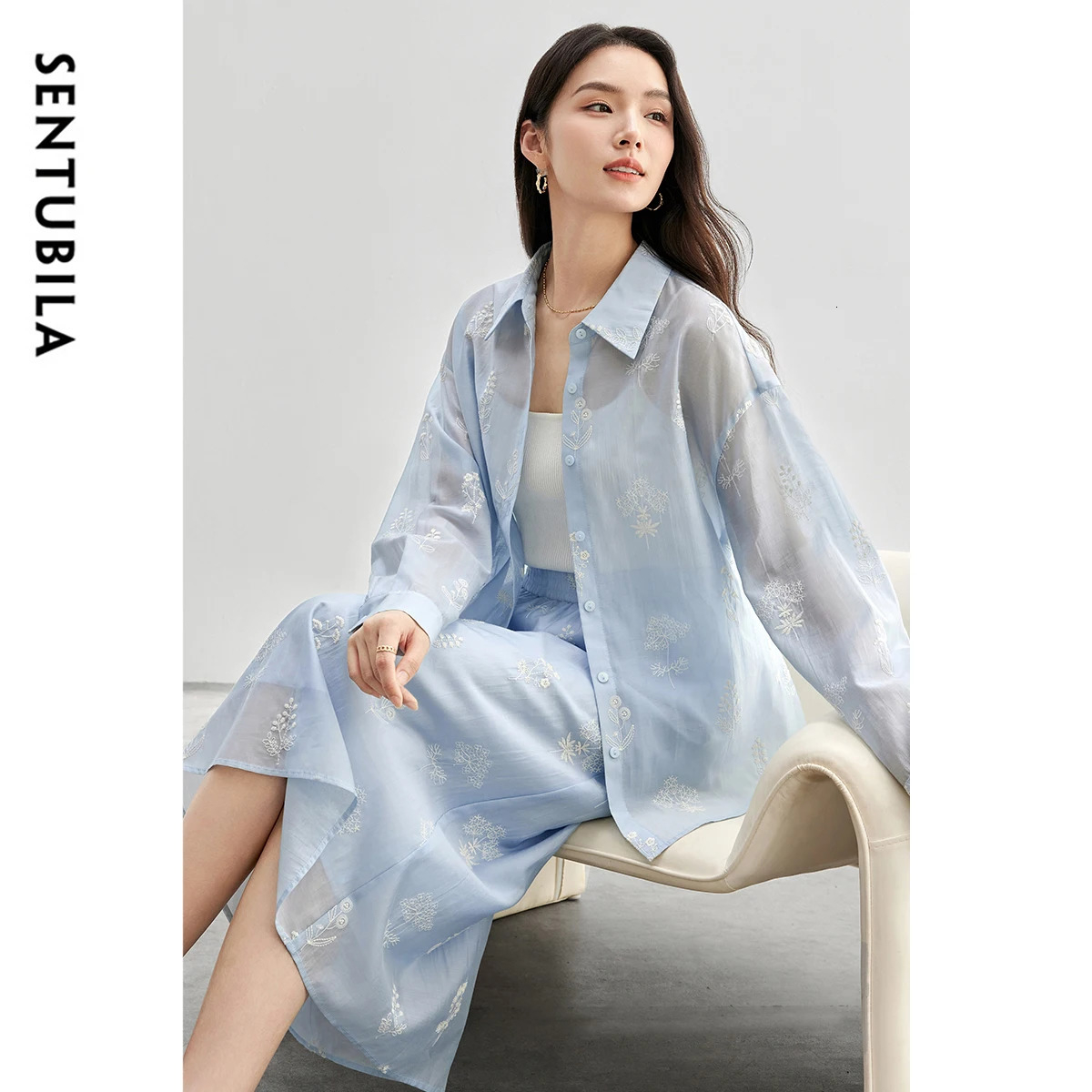 SENTUBILA Shirt Skirt Sets Women Outfit Loose Embroidery Lace Up Shirt Elastic Waist Skirt Lyocell Match Sets 151Z58161 251014