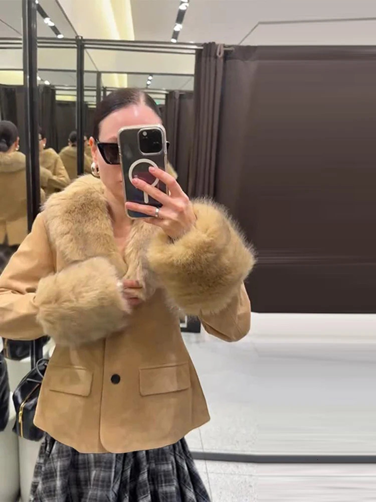 Stylish Faux Fur Patchwork Jacket Women Solid Lapel Long Sleeve Button Pocket Female Coat 2025 Autumn Winter Casual Lady Outwear 251022