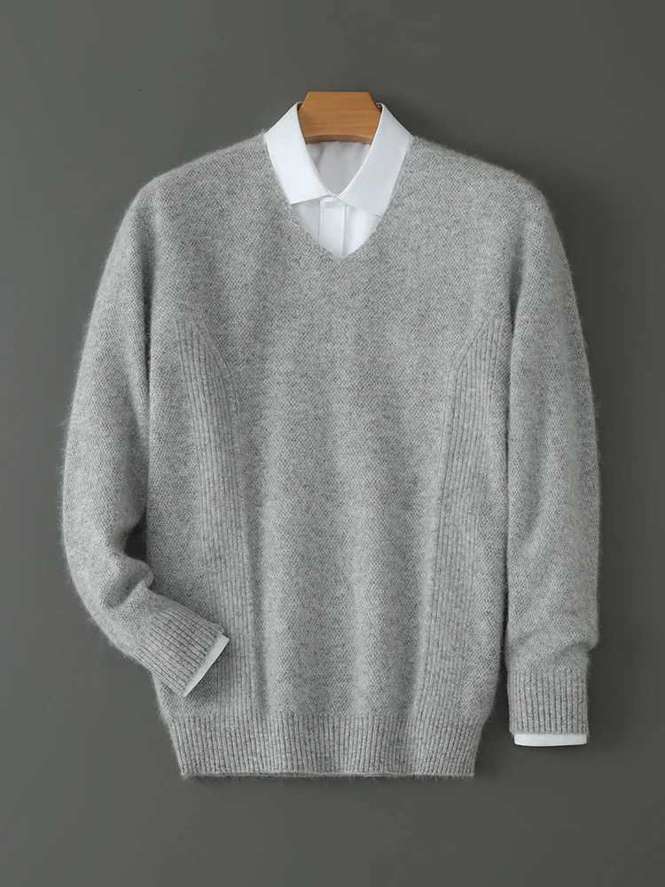 ANGEL 100 Mink Cashmere Mens Vneck Sweater Long Sleeve Pullover 2024 Autumn Winter Knitted Casual Loose Jacket Soft Warm TopsXJ251022