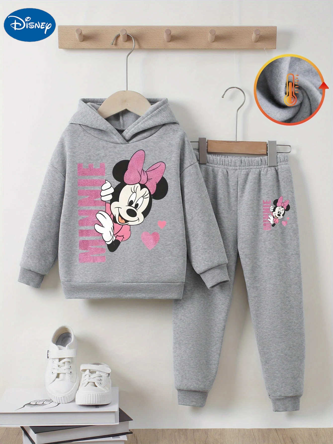Disney girls twopiece longsleeved pants suit with cute Mickey and Minnie prints new autumn and winter hooded fleece sweatshi H251022