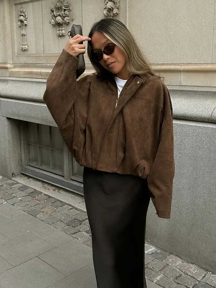 HH Autumn Women Loose Casual Suede Overcoat Jackets Vintage Solid Long Sleeve Zipper Bomber Jacket Fashion Lady Streetwear Coats Y251105