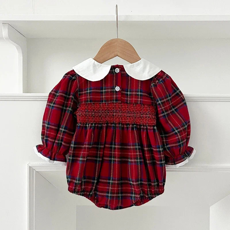Christmas Infant Baby Girl Romper Autumn Winter born Children Clothes Red Plaid Lapel Long Sleeved 251022