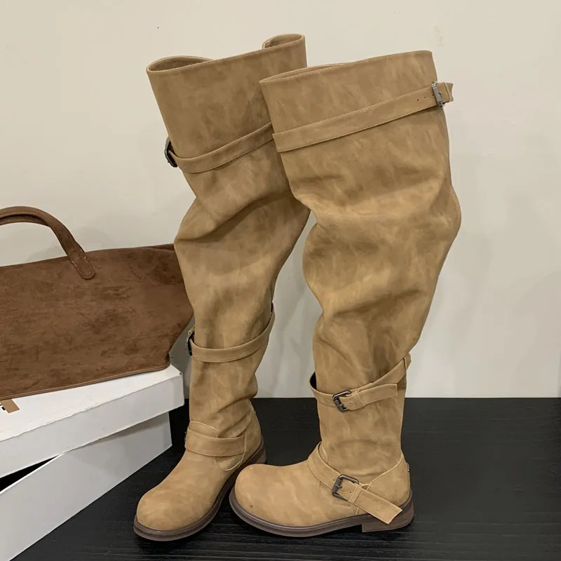 Eilyken Winter Punk Pleated Round Toe Women Over The Knee Boots Buckle Strap Square Heels Shoes Botas Mujer 251011