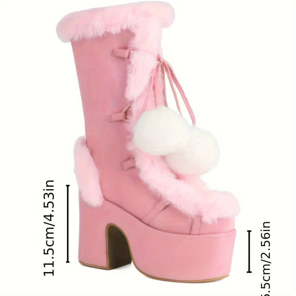 Women's Solid Color Boots, Side Zipper Pull On Platform Warm Plush Lined Chunky Heels, Non-Slip Y2k Fluffy Ball Boots