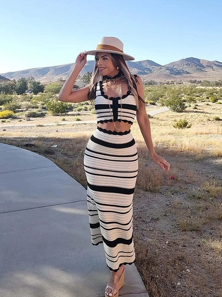 Summer Fashion Lady Beach Outfits Casual Striped Knitted 2 Piece Set Women Single Breasted Tank Tops Long Skirts Female Set 251020