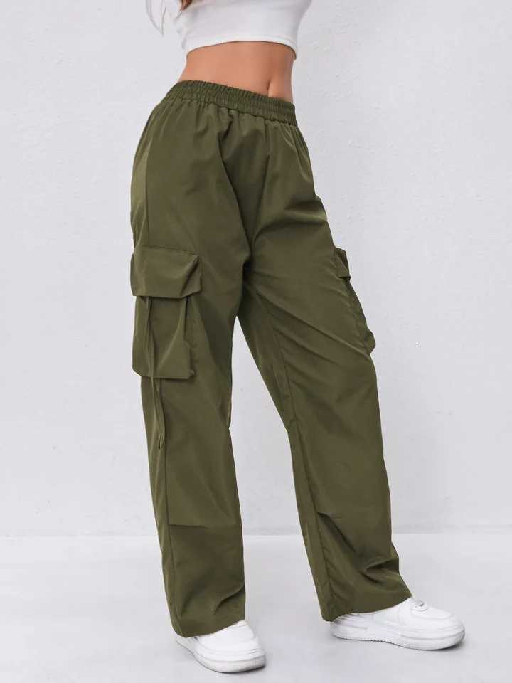 Womens Elastic Waist Cargo Pants with Double Sided Large Pockets Outdoor Sports Long TrousersT251022