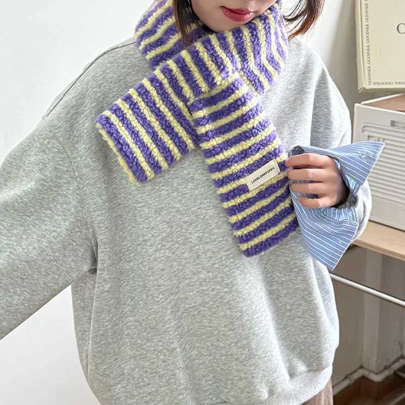 Korean Stylish Teddy Velvet Stripes Scarf Women Men Autumn Winter Warm Perforated Knitted Small Scarves Female Thermal Muffler J251022