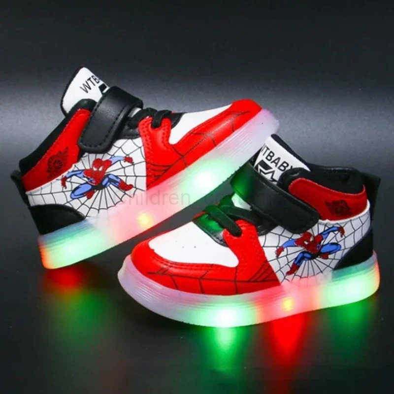 Disney Childrens Led Light Shoes Fashion Design Spiderman Boys Sneakers Girls Cartoon Casual Shoes Breathable Kids Sport Shoes H251022